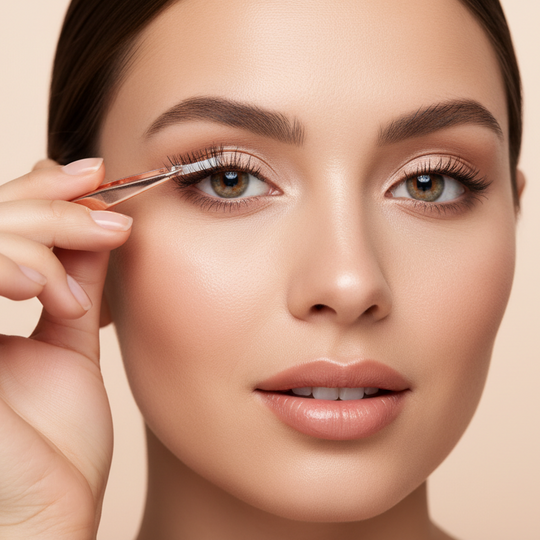 “A stylish, confident woman applying self-adhesive eyelashes with ease, close-up on her face, glowing skin, natural glam makeup. Soft, elegant lighting, clean minimal background, premium beauty aesthetic, square format, crisp details, radiant expression, visually enticing for impulse-buy appeal.”
